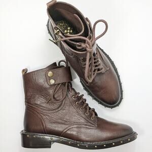 Vince Camuto 6 brown leather Talorini Combat Boot studded lace up low heel ankle